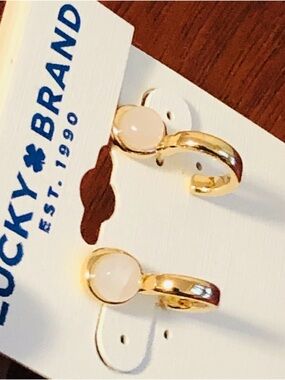 Lucky Brand Gold Hoops with Pale Pink/Beige Cabochon Accents
